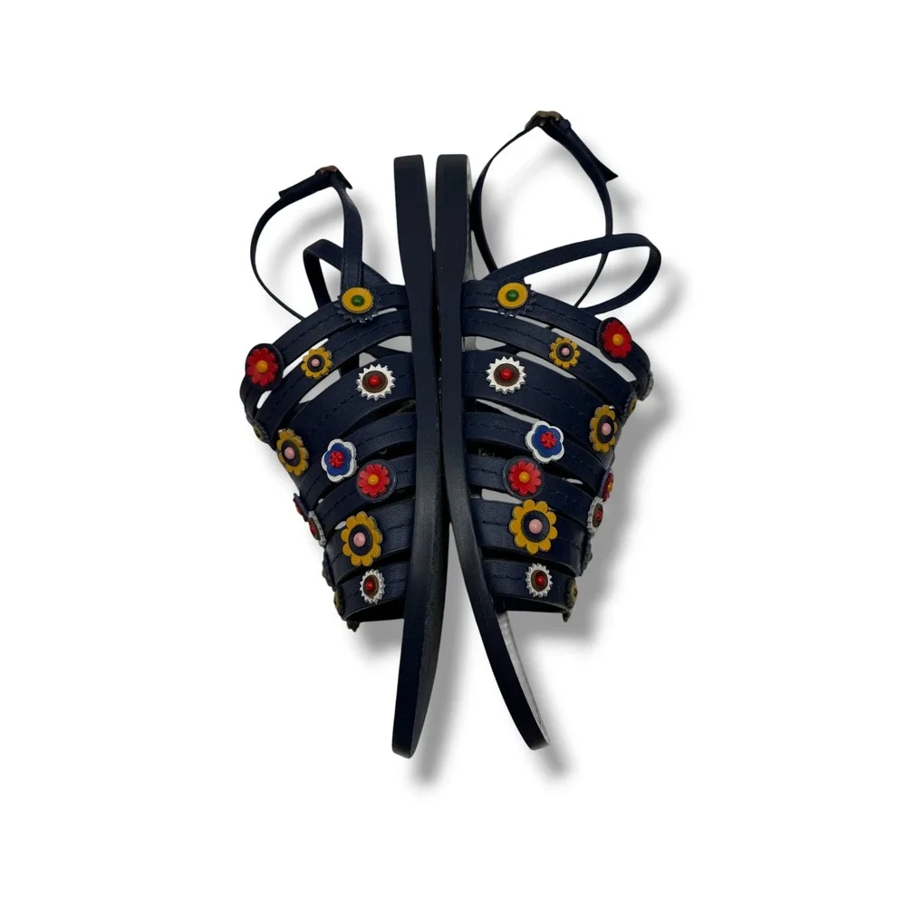 Tory Burch Marguerite Sandals 8 Navy Leather Floral Summer Casual‎ Boho